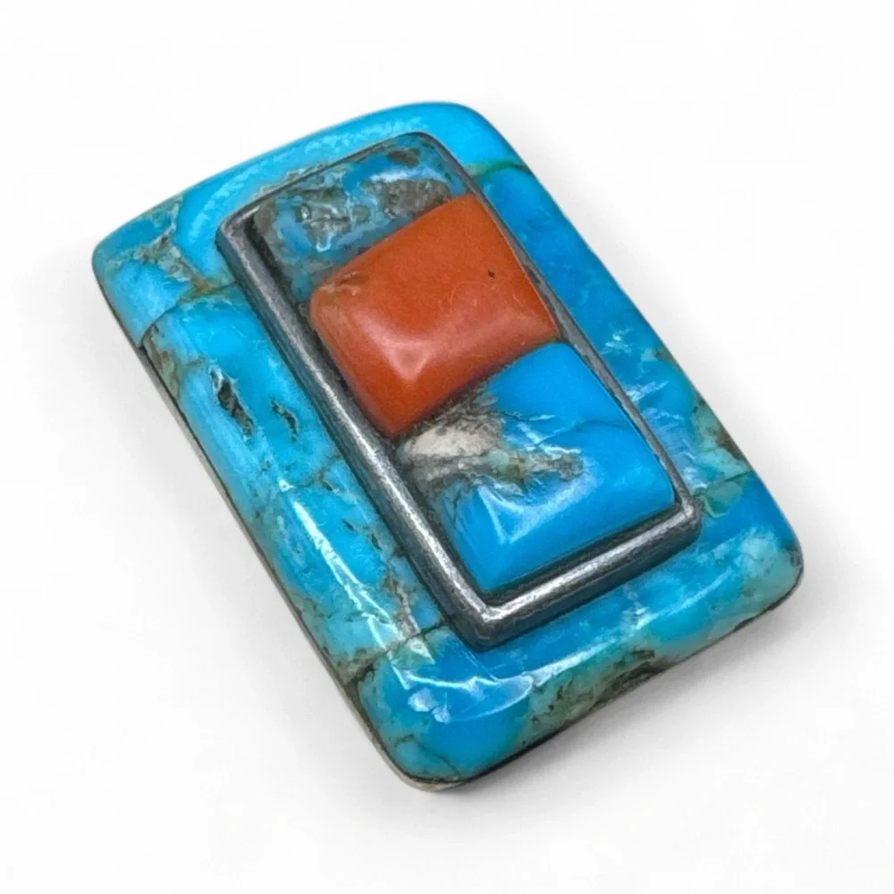 Vintage Signed Larry Castillo Style Navajo Turquoise Coral Ring size 7 3/4